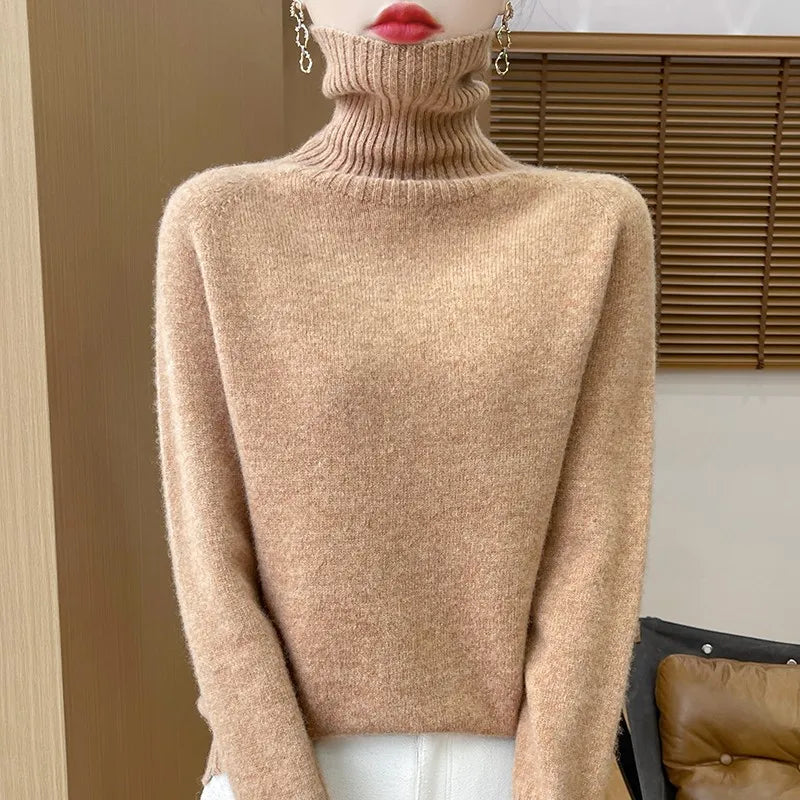 Women's Clothing New Fashion Autumn And Winter Merino Wool Pullover Solid Color Long Sleeve Basic Thermal Top 100% Wool Sweater