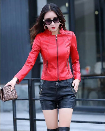 Spring Genuine Leather Jacket Women Real Orange Leather New Outerwear Sheepskin Coat Women's Moto Biker Zipper Jackets