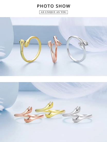 BAMOER 925 Sterling Silver Hug Open Ring Warmth and Love Hand Adjustable for Women Party Jewelry, His Big Loving Family Gift