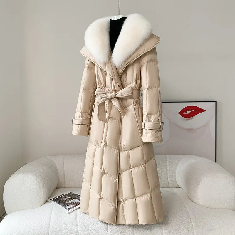 Reality Fur Jacket Women New Winter White Duck Down Coat Warm Long Parkas Real Fox Fur Collar Female Hooded Snow Puffer Coats