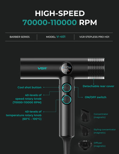 VGR Hair Dryers Professional Air Blower Negative Ion Hair Dryer 110000 RPM Hair Dryer Machine BLDC Motor Barber Salon V-401