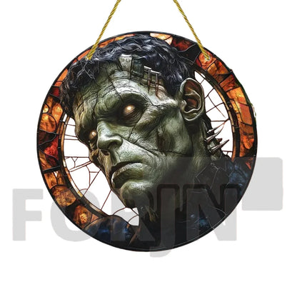 Horror Theme Stained Window Hanging Sun Catcher,Round Acrylic Translucent Sign,Halloween Decor for House,bar,Porch,Patio Garden