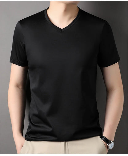 Top Grade 1.7% Mulberry Silk New Summer Brand Tops V Neck t Shirts For Men 2025 Short Sleeve Casual Fashion Mens Clothing