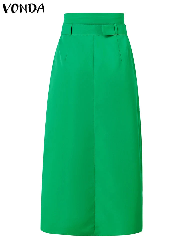VONDA Women Elegant Skirts 2025 Casual Waistband Button Design Slit Long Overskirts Solid Color Office Lady Bottoms Oversized