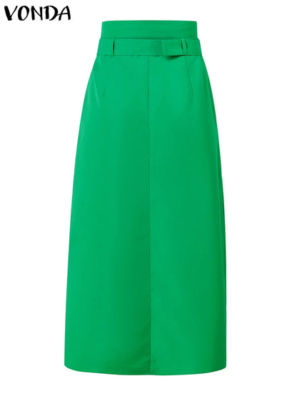 VONDA Women Elegant Skirts 2025 Casual Waistband Button Design Slit Long Overskirts Solid Color Office Lady Bottoms Oversized