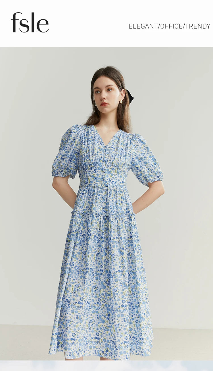FSLE Blue Romantic Floral Dress Women Elegant Vintage High Waist V-neck Puff Sleeve Summer Printing Female Cotton Long Skirts