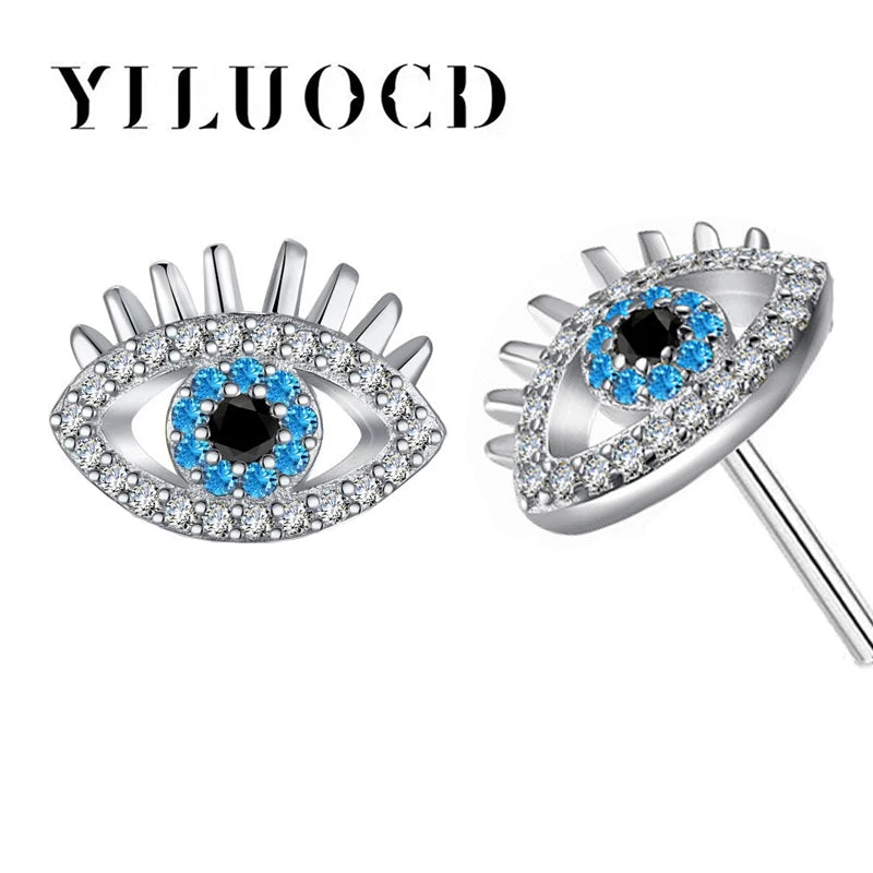 YILUOCD 925 Sterling Silver Zircon Blue Evil Eye Stud Earrings for Women  Simple Demon Eyes Piercing Jewelry New Year Gift