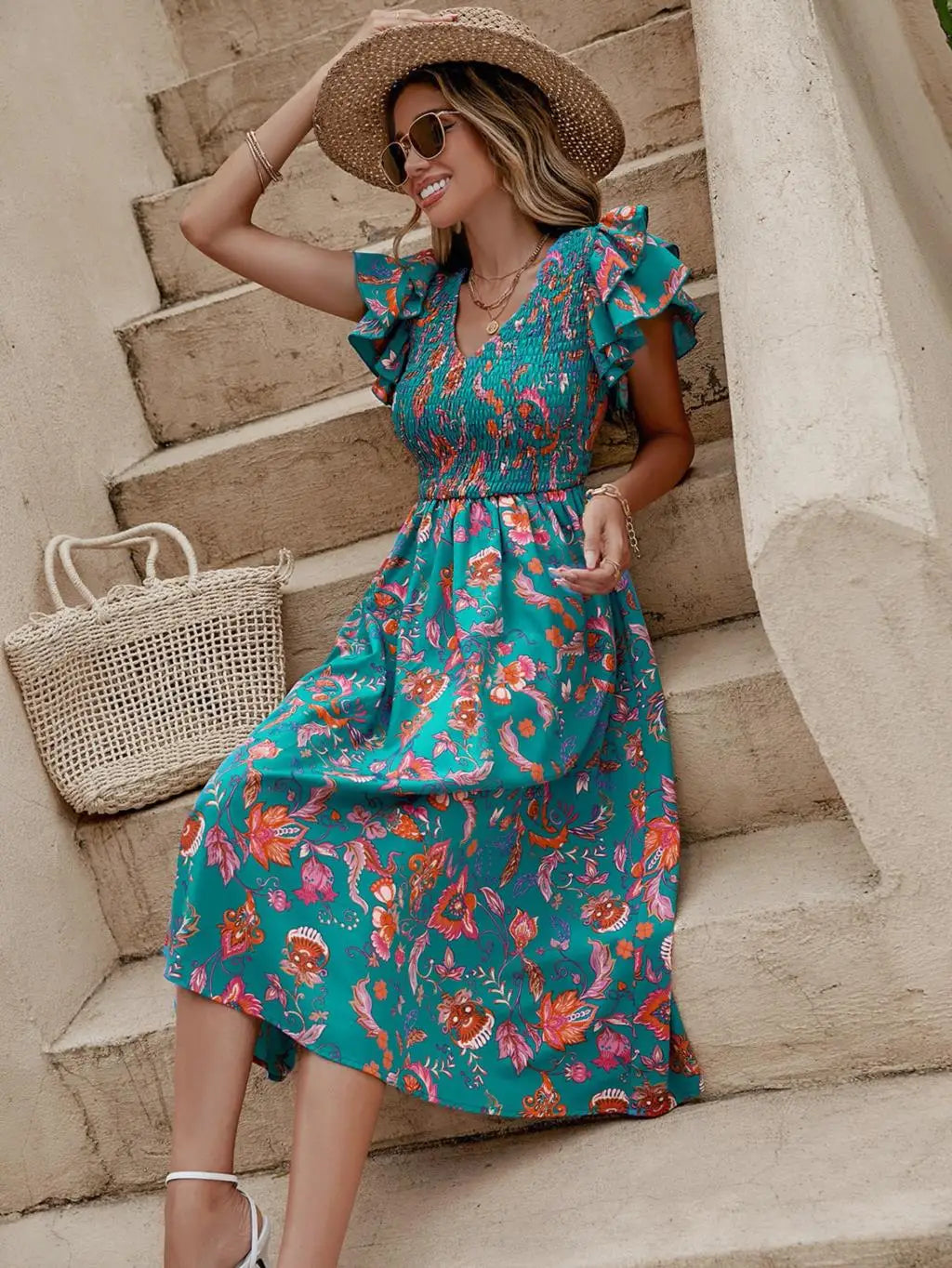 Summer Floral Print Midi Dress Women Fashion Slim Ruffle Sleeve Beach Dress Casual Elegant Green A-line New In Dresses