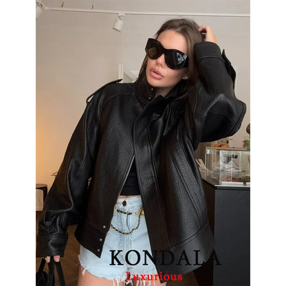 KONDALA Casual Chic Black Leather Jackets Women Long Sleeve Buttons Elastic Oversized Coats Fashion 2025 Fall Streetwear Coats