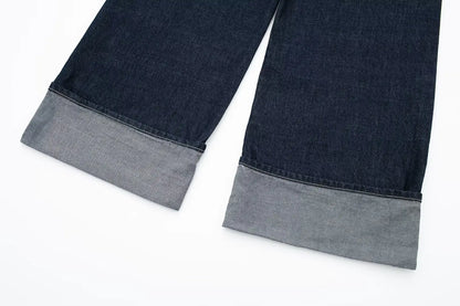 TRAFZA Women Vintage Denim Jacket Single Breasted Lapel Long Sleeve Coat With Pockets Dark Blue Denim Jacket Fashion High Street