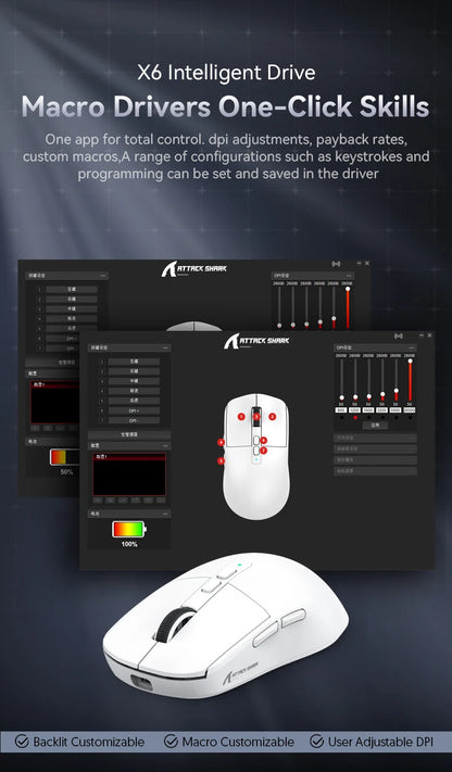 ATTACK SHARK X6 Mouse,PAW3395 Bluetooth Tri-Mode Connection,RGB Touch Magnetic Charging Base,Macro Gaming Mouse