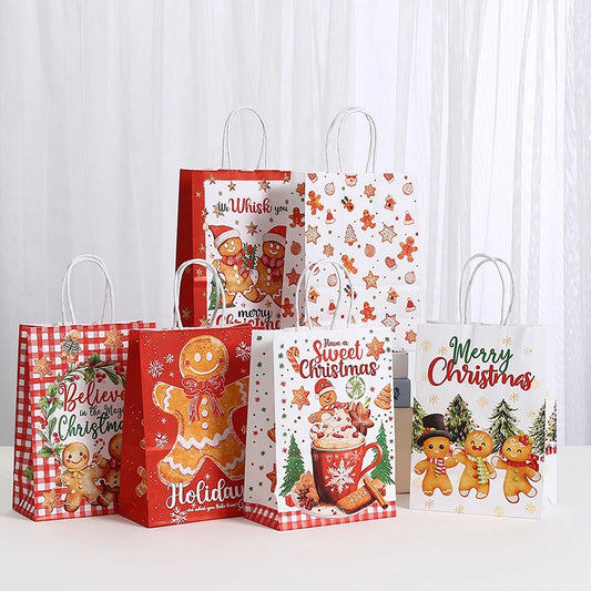 6/12/24pcs Merry Christmas Kraft paper Gift Tote Bags Packaging Child for Candy Snack Storage Pouch Birthday Party Favors