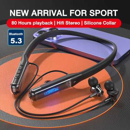 EARDECO Bluetooth 5.3 Neckband Headphones – 80H Battery, Stereo Bass, Mic