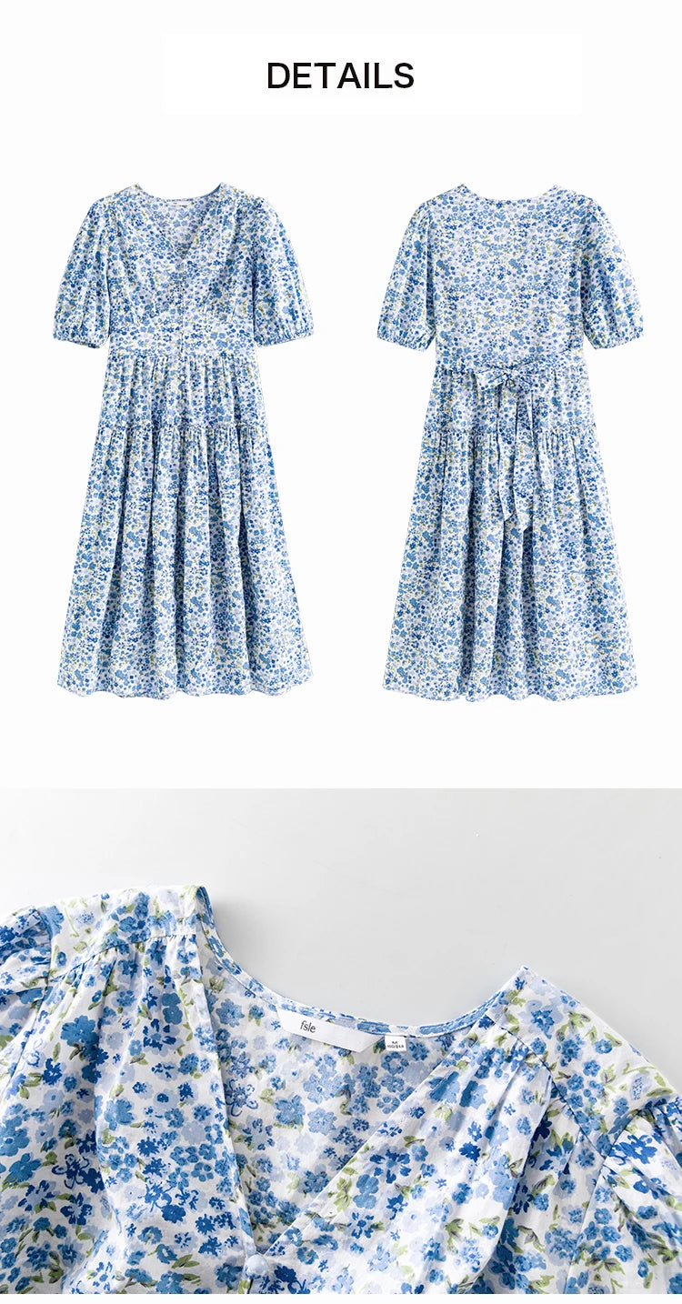 FSLE Blue Romantic Floral Dress Women Elegant Vintage High Waist V-neck Puff Sleeve Summer Printing Female Cotton Long Skirts