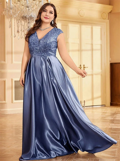 Plus Size Luxury Satin Sleeveless Evening Dress Elegant Long Sequin Splice A-line Formal Wedding Party Cocktail Gowns