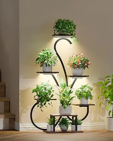 8-Tier Indoor Plant Stand with Grow Lights – Tall Metal Shelf for Corners & Living Rooms, Space-Saving Display Rack for Multiple Plants