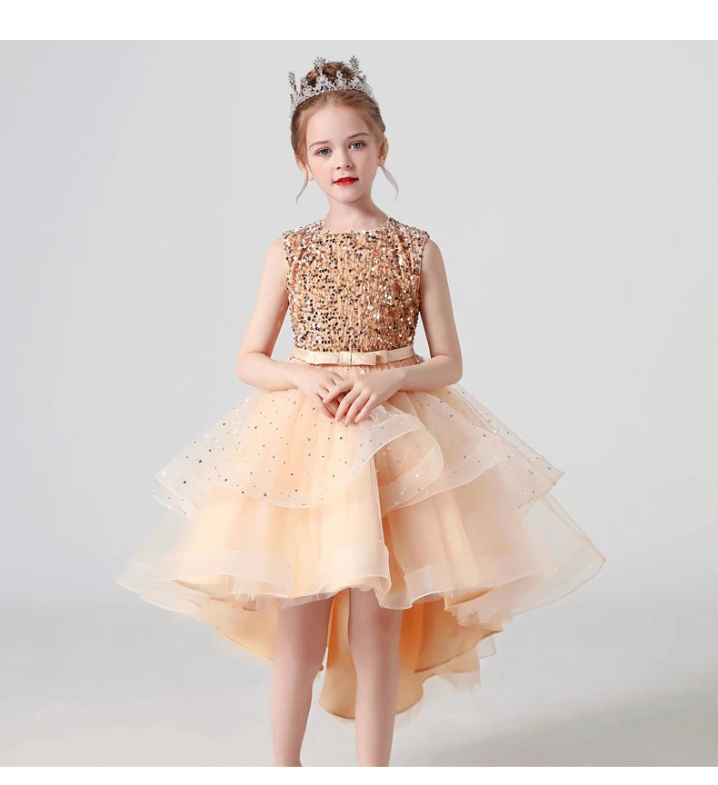 2023 Hot style Summer Sequin Lace Tuxedo Wedding Dress for girls 3-13 years old Sleeveless fluffy Mesh gauze Doveark brand
