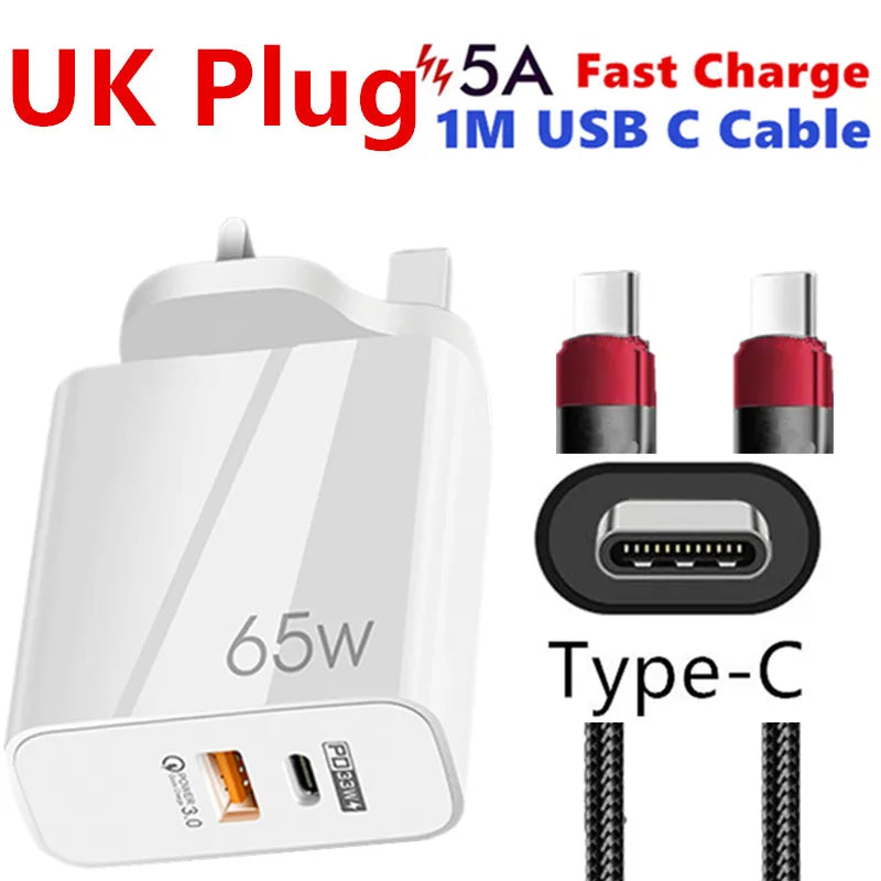 Supercharge USB Type C Cable QC3.0 65W PD fast Charger for Samsung iPhone Xiaomi Huawei Universal Quick Charger