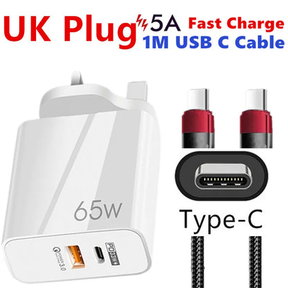 Supercharge USB Type C Cable QC3.0 65W PD fast Charger for Samsung iPhone Xiaomi Huawei Universal Quick Charger