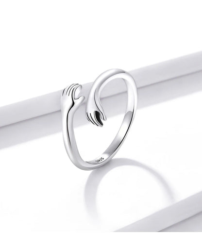 BAMOER 925 Sterling Silver Hug Open Ring Warmth and Love Hand Adjustable for Women Party Jewelry, His Big Loving Family Gift