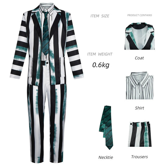 Underworld Master cosplay costume Beetle Juice Michael Keaton green black and white striped cosplay performance costume hot