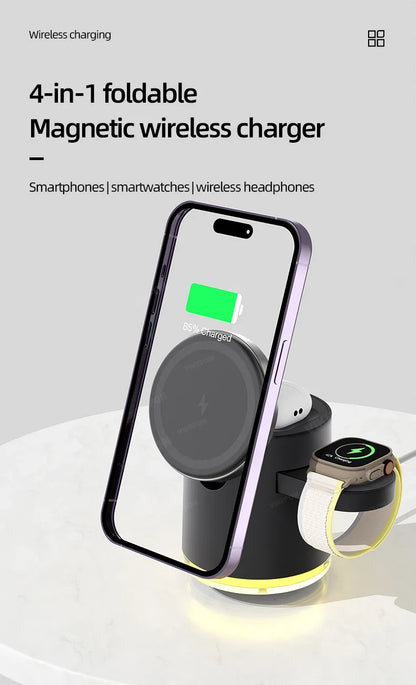 Wireless Charger 4 in 1 QI2 Fast Charging Dock Stand Night Light For Magsafe iPhone 16 15 14 Pro Max Airpods Pro 2-8 Apple Watch