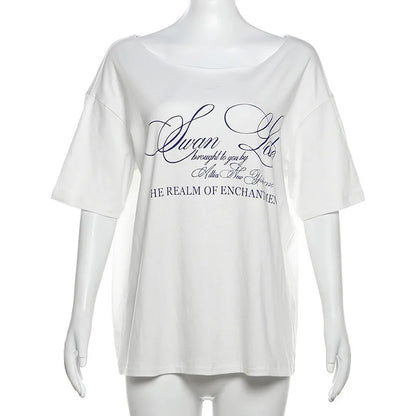 Casual Relax Woman T-shirt Letter 2025 Women Oversized One Shoulder Tops Versatile Street Atmosphere Style Fashionable Tops