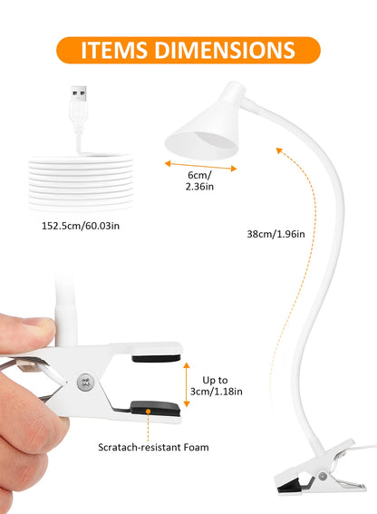 Reading Light, USB Clamp Lamp for ChildReading Book in Bed at Night, LED Small DeskLamp with Adjustable Gooseneck Clip