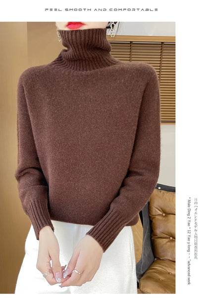 Women's Clothing New Fashion Autumn And Winter Merino Wool Pullover Solid Color Long Sleeve Basic Thermal Top 100% Wool Sweater