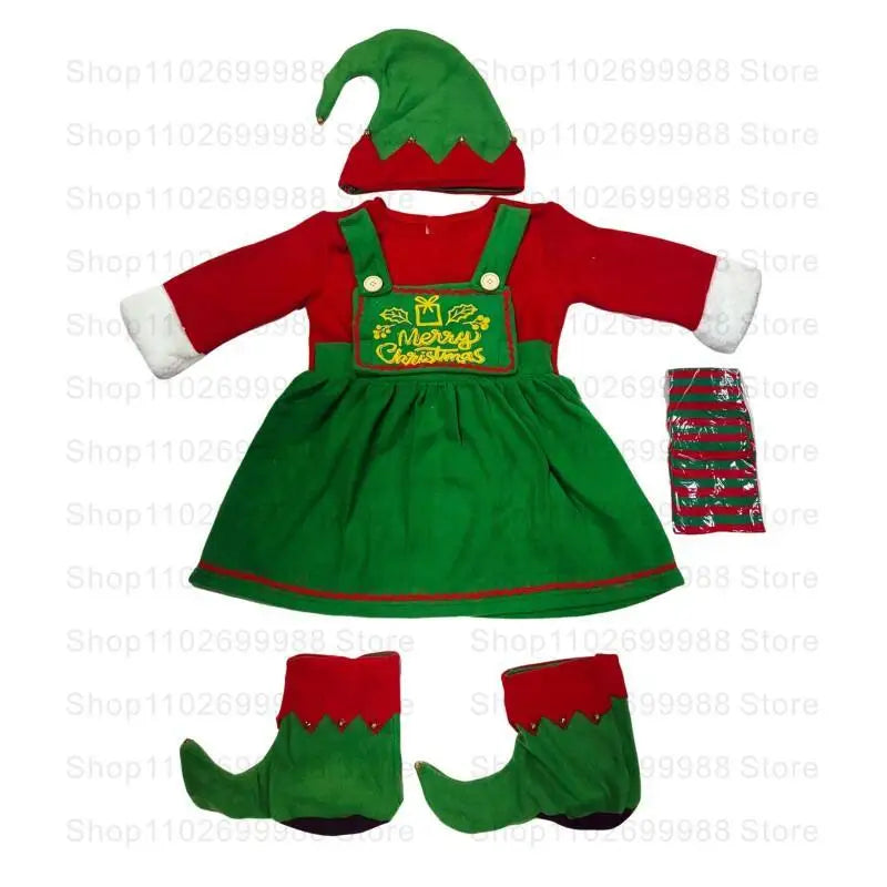 2025 Christmas Boys Cute Green Elf Costume New Year Family Party Festival Fancy Santa Claus Cosplay Outfit Set for Men Women