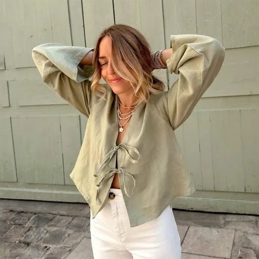 Spring 2025 V-Neck Lace-Up Linen Blouse – Casual Loose Fit