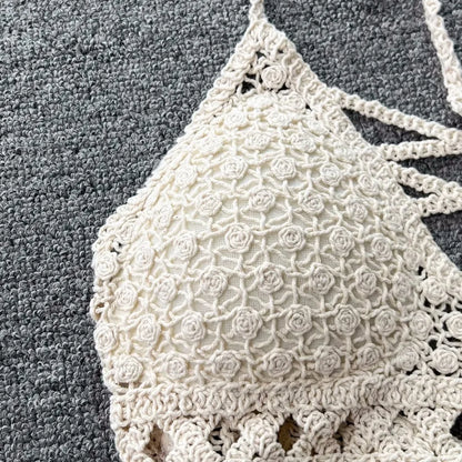 SINGREINY Knit Two Piece Sets Women Summer Vacation Backless Camisole Elastic Waist Shorts Hollow Out Y2K Beach Style Suits