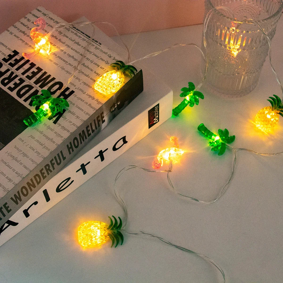 1PC 10/20 LED Flamingo Pineapple Palm Tree String Lights Battery Operated Tropical Beach Hawaiian Fairy Atmosphere Lights