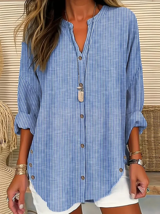 Plus Size 1XL-5XL Women's CasualLadies Fashion Solid Blouse Solid Color Loose Tops V-neck Blouse Long Sleeve Shirt