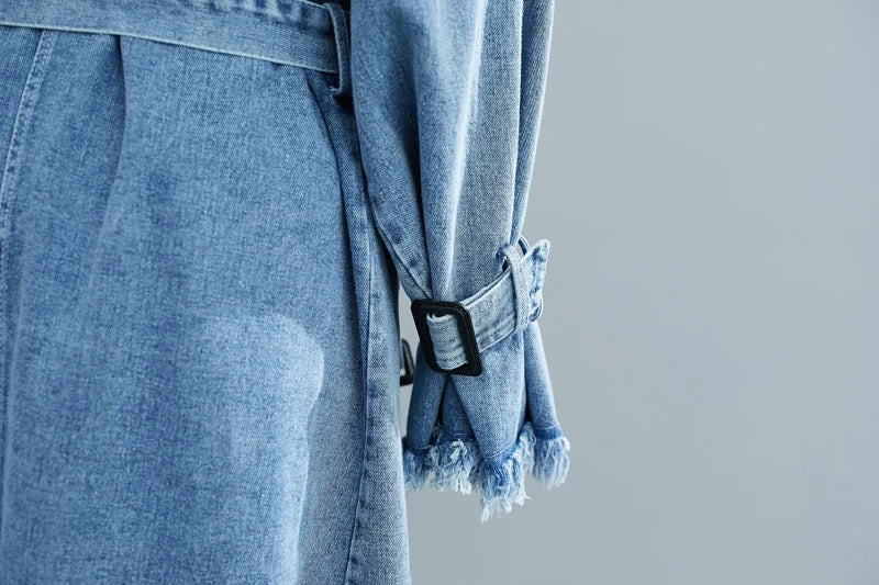 2025 Women's Denim Trench Coat Autumn Double Breasted Belted Casual Jean Overcoat Loose Long Windbreaker Jacket Couple Models