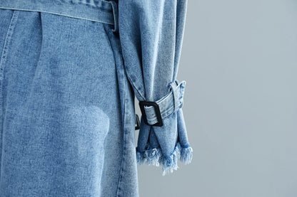 2025 Women's Denim Trench Coat Autumn Double Breasted Belted Casual Jean Overcoat Loose Long Windbreaker Jacket Couple Models