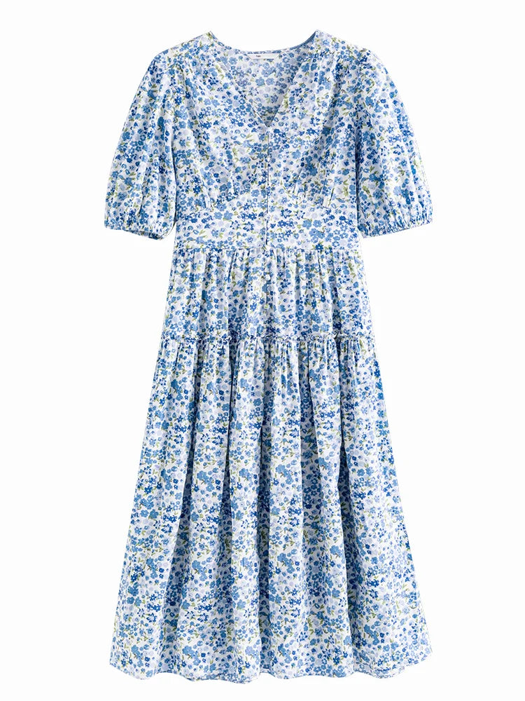 FSLE Blue Romantic Floral Dress Women Elegant Vintage High Waist V-neck Puff Sleeve Summer Printing Female Cotton Long Skirts