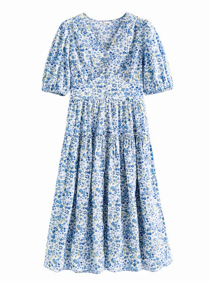 FSLE Blue Romantic Floral Dress Women Elegant Vintage High Waist V-neck Puff Sleeve Summer Printing Female Cotton Long Skirts