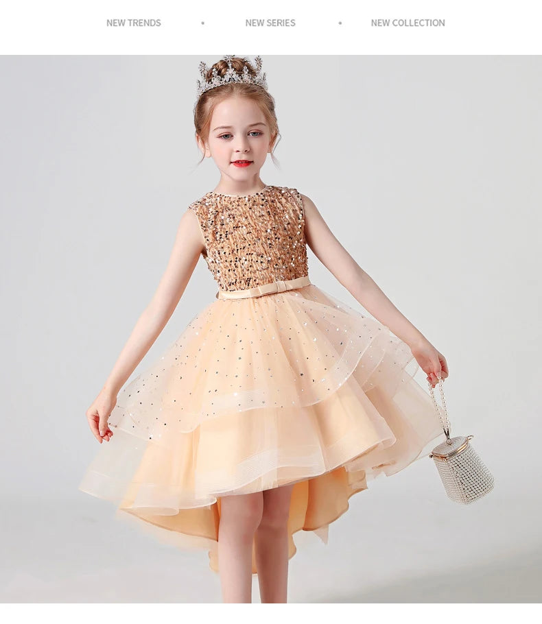 2023 Hot style Summer Sequin Lace Tuxedo Wedding Dress for girls 3-13 years old Sleeveless fluffy Mesh gauze Doveark brand