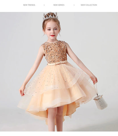 2023 Hot style Summer Sequin Lace Tuxedo Wedding Dress for girls 3-13 years old Sleeveless fluffy Mesh gauze Doveark brand