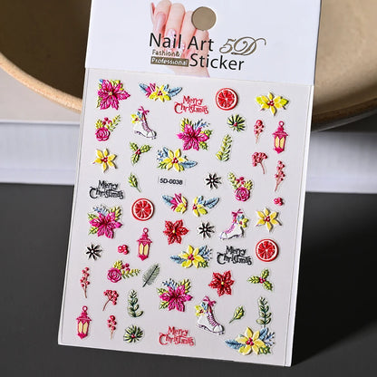 Cute Deer Christmas Nail Stickers 5D Embossed Elk Star Gingerbread Man Snowflake Santa Claus Holly DIY Winter Engraved Manicure*