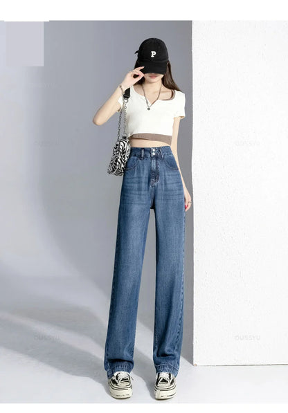 Summer Lyocell Thin Women's Wide-Leg Jeans High Waist Slimming Design High Street Mopping Trousers Loose Straight Pants Fashion