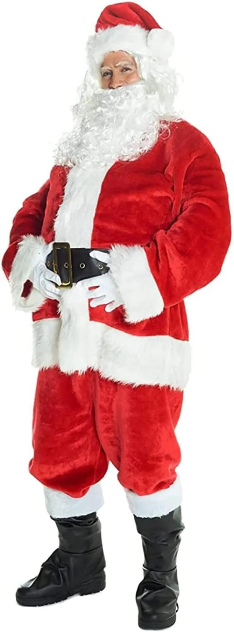 Christmas Santa Claus Costume Men's Luxurious Long Plush Gold Velvet Set Red Gift Bag Set of 8 Pieces