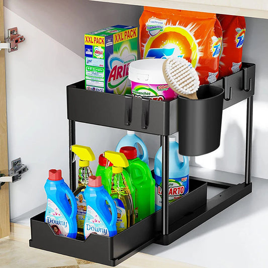 2-Tier Under Sink Organizer with Sliding Drawers & Hooks