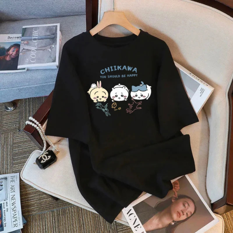 Chiikawa Cartoon Print 100% Cotton Short Sleeve Round Neck Women's T-shirt Trendy Summer Cute Loose Fashion Women's T-shirt