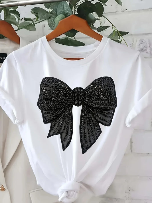 Women’s Black Rhinestone Bow Tee – Casual Short Sleeve Top