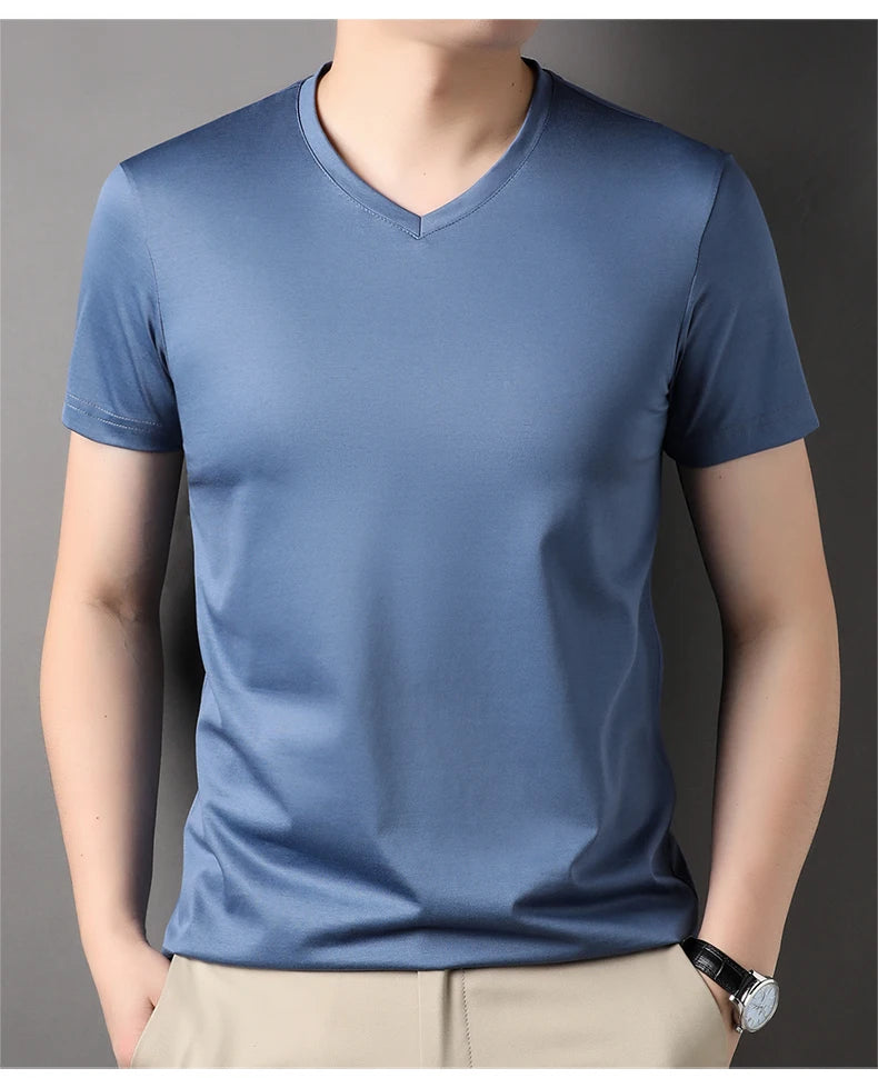Top Grade 1.7% Mulberry Silk New Summer Brand Tops V Neck t Shirts For Men 2025 Short Sleeve Casual Fashion Mens Clothing