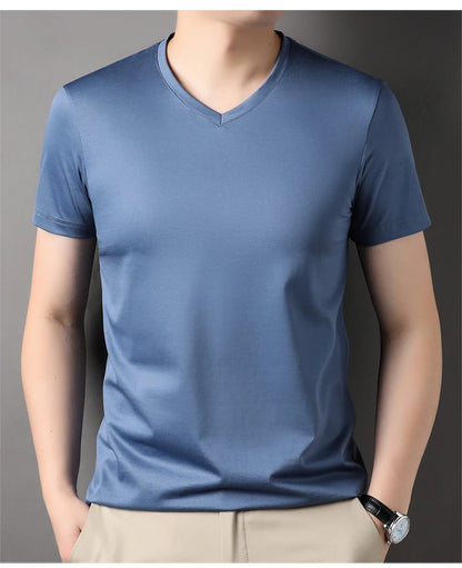 Top Grade 1.7% Mulberry Silk New Summer Brand Tops V Neck t Shirts For Men 2025 Short Sleeve Casual Fashion Mens Clothing