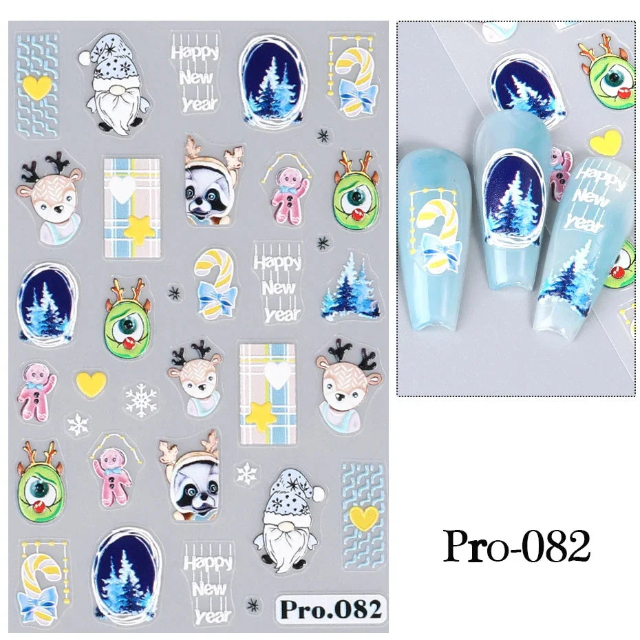 Cute Deer Christmas Nail Stickers 5D Embossed Elk Star Gingerbread Man Snowflake Santa Claus Holly DIY Winter Engraved Manicure*