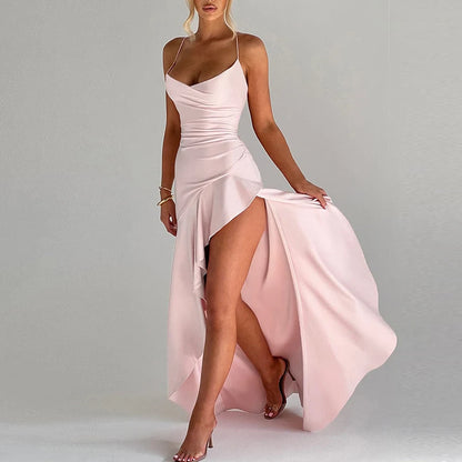 Sexy Slash Neck Slim Ruffle Banquet Dress Women Spring Backless Lace-up Long Irregular Dress Summer Sleeveless Hollow Maxi Dress